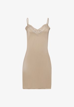 Nagi sukienka z cienkimi regulowanymi ramiączkami, koronkowym wykończeniem przy dekolcie, gładką satynową fakturą, dopasowanym krojem i długości do kolan.