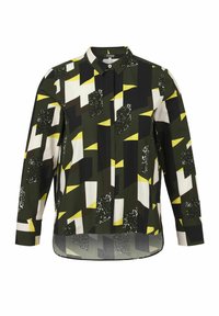 Button-up shirt with a green, black, and white geometric pattern, featuring yellow accents, long sleeves, and a curved hem.