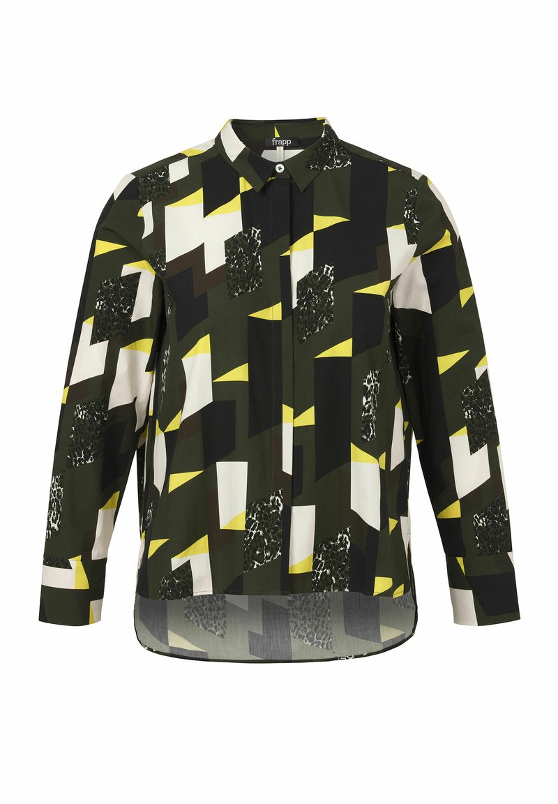 Button-up shirt with a green, black, and white geometric pattern, featuring yellow accents, long sleeves, and a curved hem.