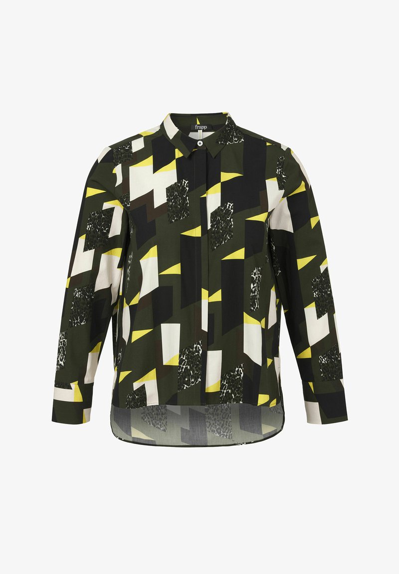Button-up shirt with a green, black, and white geometric pattern, featuring yellow accents, long sleeves, and a curved hem.