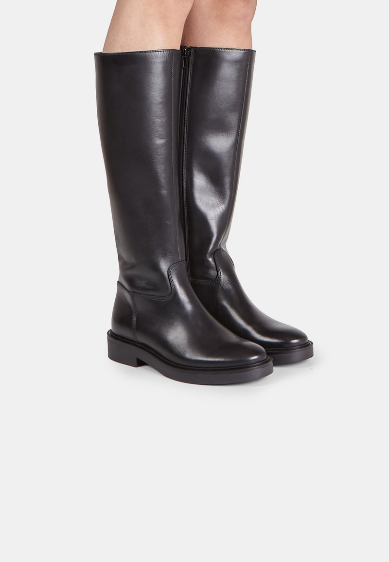 Knöchelhöhe schwarze Lederstiefel mit glatter Oberfläche, runder Zehenpartie, niedrigem Blockabsatz und seitlichem Reißverschluss für einfaches Anziehen.