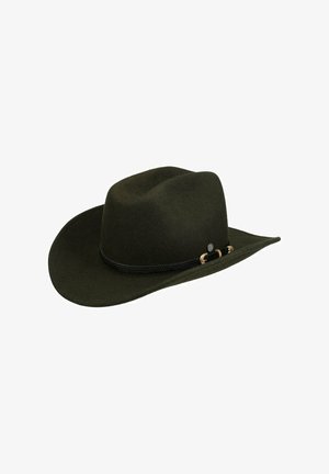 Dark green felt cowboy hat with a braided black band and small gold buckle detail on the side.