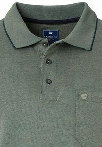 Polohemd in grüner Textur mit einer Knopfleiste aus drei dunklen Knöpfen, einer kleinen Tasche und kontrastierenden navyfarbenen Kragenakzenten. Markenlabel sichtbar.