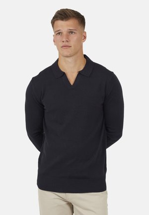 Navy blue knitted pullover with a V-neck and a collar. Long sleeves. Plain texture, fitted design, and ribbed cuffs and hem.