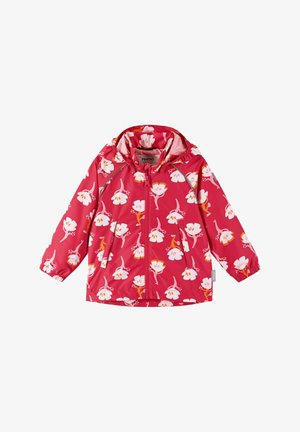 Giacca a vento rossa con motivo floreale bianco e rosa, design con cappuccio, chiusura frontale con zip, polsini elasticizzati e due tasche laterali.