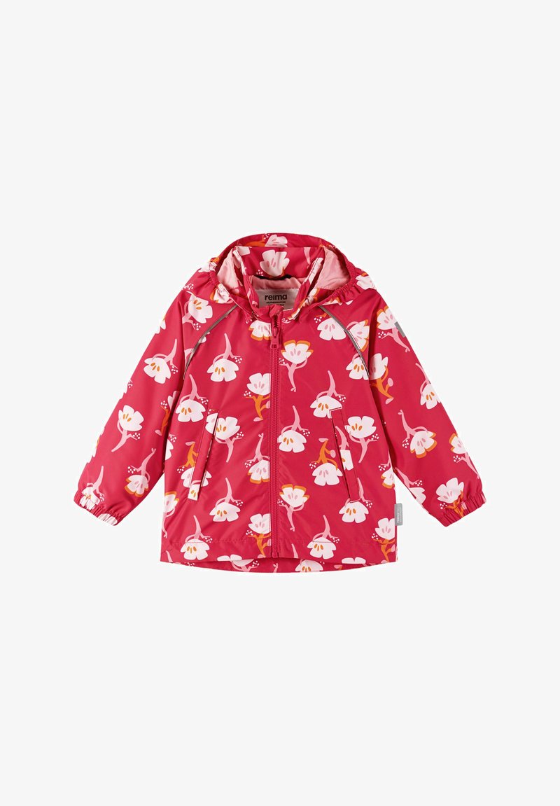 Veste de pluie rouge avec un motif floral en blanc et rose, design avec capuche, fermeture éclair à l'avant, poignets élastiques et deux poches latérales.