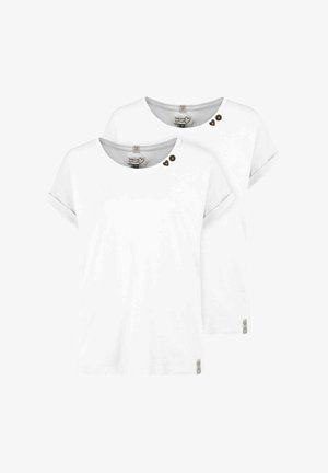 Two white short-sleeve t-shirts with round necks, rolled cuffs, and two small brown heart and button details near the collar.