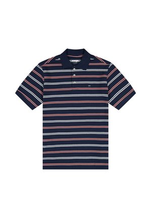 Polo azul marino con rayas horizontales rosas y blancas y una tapeta con tres botones.