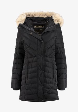 Manteau d'hiver noir matelassé avec fermeture à boutons et à glissière, capuche bordée de fourrure et manches longues, conçu pour les temps froids.