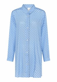 Camicia button-up azzurro chiaro con maniche lunghe, caratterizzata da un piccolo motivo floreale e un colletto classico, realizzata in tessuto morbido.