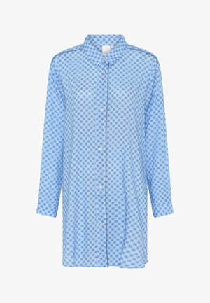 Camicia button-up azzurro chiaro con maniche lunghe, caratterizzata da un piccolo motivo floreale e un colletto classico, realizzata in tessuto morbido.