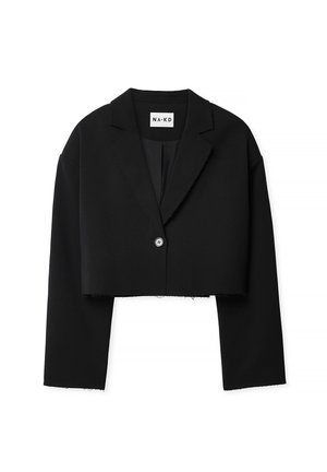 Cropped black blazer made of fabric with a smooth texture, featuring a notch lapel, single button closure, and raw hemline.