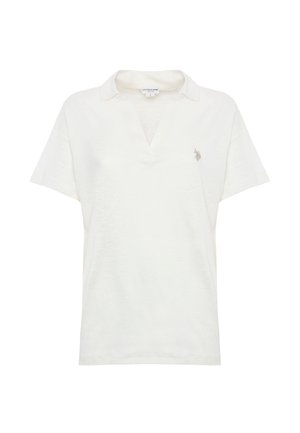 Polo shirt bianco a maniche corte con scollo a V e logo ricamato sul lato sinistro del petto; realizzato in morbido tessuto testurizzato.