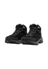 Scarpe da trekking nere con tomaia in suede testurizzato e materiale sintetico, lacci riflettenti, colletto imbottito e suole in gomma robuste per una buona trazione.