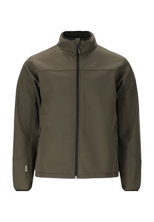 Olivengrøn softshell-jakke med fuld frontlynlås, høj krave, lynlåslommer og elastiske manchetter.