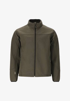 Olivengrøn softshell-jakke med fuld frontlynlås, høj krave, lynlåslommer og elastiske manchetter.