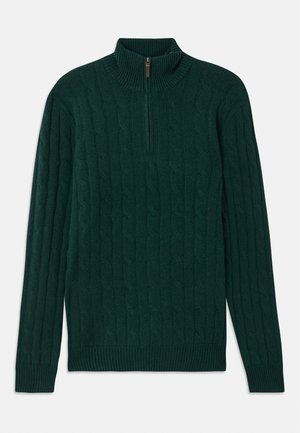 Pull en maille torsadée vert foncé avec un col montant et un encolure zippée. Manches longues avec des poignets et un ourlet côtelés. Texture douce.