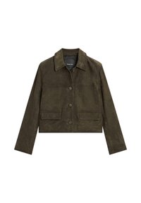 Cropped olive green leather jacket with a collar, front button closure, and two front pockets. Smooth texture and tailored fit.