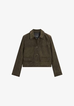 Cropped olive green leather jacket with a collar, front button closure, and two front pockets. Smooth texture and tailored fit.