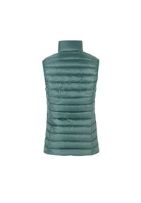 Gevoerde gilet in teal met een verticale quiltpatroon, hoge kraag en mouwloos ontwerp. Glad, glanzend stof met lichte isolatie.