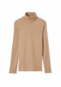 Pull à col roulé beige en matière douce et légère. Comprend des manches longues et une coupe ajustée avec des détails de couture minimaux.