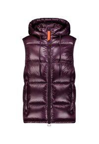 Gilet rembourré sans manches, brillamment violet foncé, avec fermeture éclair à l'avant, capuche avec cordons de serrage et poches latérales, isolé sur fond blanc.