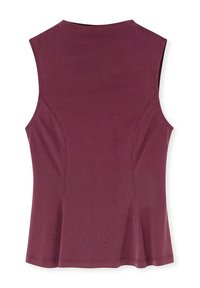 Bez rękawów bordowy top z wysokim dekoltem i rozkloszowanym dołem, wykonany z miękkiego materiału o gładkiej fakturze i minimalnych detalach szycia.