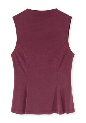 Bezrukávový bordový top s vysokým výstrihom a rozšíreným dnom, vyrobený z mäkkej látky s hladkou textúrou a minimálnymi detailami šitia.