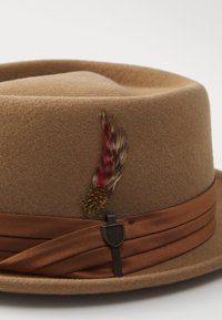 Pălărie din fetru maro, având o bandă de satin maro lățită și un accent decorativ din pene în nuanțe de roșu, maro și verde.