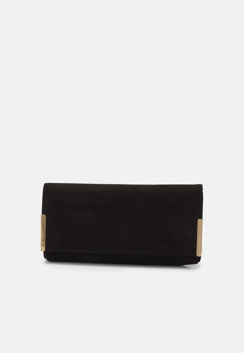 Černá semišová psaníčko s plochým obdélníkovým tvarem. Na jedné straně se nachází zlacený kovový akcent. Hladký povrch, minimalistický design.