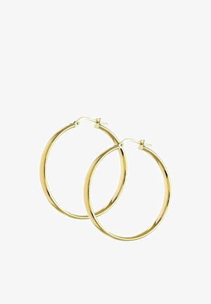 Goldene Creolen mit glatter, glänzender Oberfläche und sicherem Verschluss. Rundes Design ohne zusätzliche Verzierungen oder Muster.