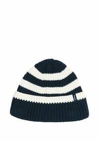 Gorro de punto en azul marino y crema con rayas horizontales. Textura acanalada, material suave y pequeña etiqueta de logo en el lateral.
