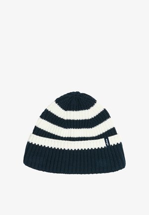 Gorro de punto en azul marino y crema con rayas horizontales. Textura acanalada, material suave y pequeña etiqueta de logo en el lateral.