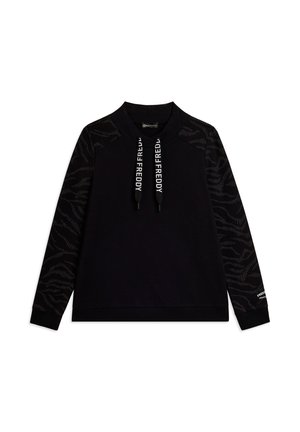Pullover nero a maniche lunghe con maniche con motivo, collo alto e scritta bianca "FREDDY" sulle stringhe e sul polsino inferiore destro della manica.