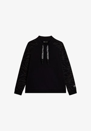 Pullover nero a maniche lunghe con maniche con motivo, collo alto e scritta bianca "FREDDY" sulle stringhe e sul polsino inferiore destro della manica.