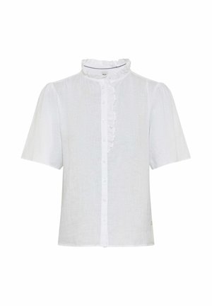 Hvid kortærmet bluse med flæset høj krave og slå-om-front med knapper, der har en lodret flæsekant.