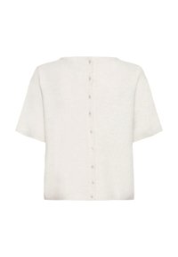 Korte mouwen, witte cardigan gemaakt van zachte, gestructureerde stof met een rechte snit en een rij kleine knopen aan de achterkant.