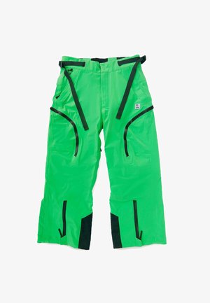 Grüne wasserdichte Hose mit schwarzen Akzenten, ausgestattet mit mehreren Reißverschlusstaschen und verstellbaren Riemen an Taille und Beinen. Hergestellt aus einem glänzenden Material.