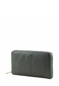 Portefeuille zippé en cuir gris foncé avec petit logo métallique circulaire sur le devant, présenté sur fond blanc.