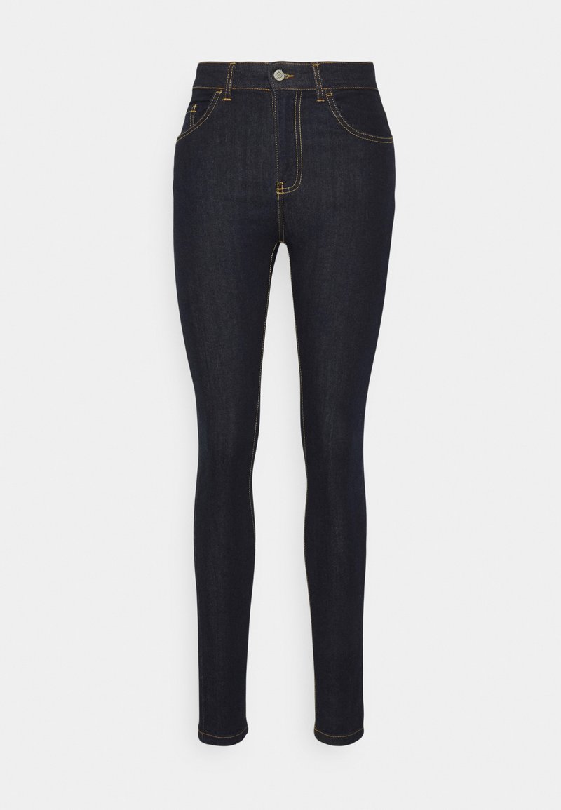 Calças de ganga azul-escuro com uma cintura alta, corte justo, costura amarela, dois bolsos frontais e fecho de botão metálico na cintura.