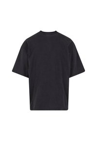 Kratka črna majica s kratkimi rokavi, narejena iz mehkega bombaža, s sproščenim krojem, značilnim za okroglo ovratnik, brez vidnih logotipov ali vzorcev.