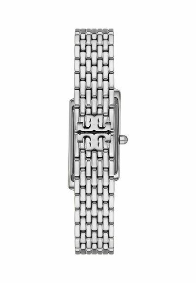 Bracelet en métal argenté avec un cadran rectangulaire présentant un motif logo double-T en relief et une petite couronne sur le côté.