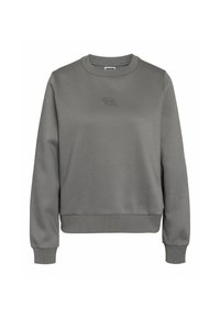 Ogļu pelēks garām piedurknēm crewneck džemperis ar ribotām piedurknēm un apakšmalu, ar nelielu izšūtu logotipu uz krūtīm.