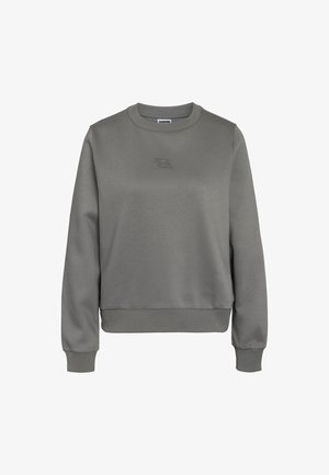 Antraciet grijze longsleeve crewneck sweatshirt met ribgebreide manchetten en zoom, voorzien van een klein geborduurd logo op de borst.