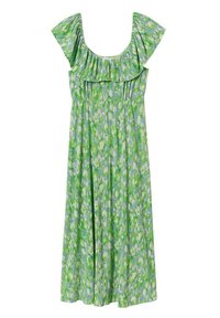 Robe fleurie avec un décolleté carré, des manches courtes à volants et une silhouette ample et fluide. Motif vert et bleu sur un tissu léger.