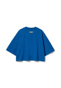 Modré oversized tričko z bavlny s žebrovaným kulatým výstřihem. Na zádech je žluté logo "Stranger Things".