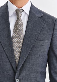 Szara marynarka z tkaniny o klapach z wycięciem i pojedynczym zapięciem na guzik, zestawiona z beżowym krawatem zdobionym niebieskim wzorem w kółka.