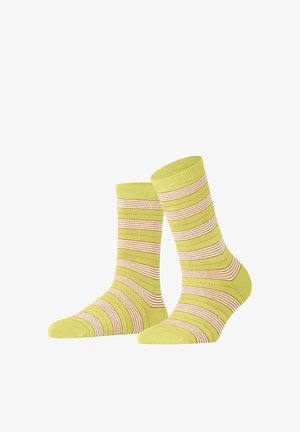 Yellow striped socks with alternating thin red and white horizontal stripes. Knitted texture, crew length, and solid color toe and heel.