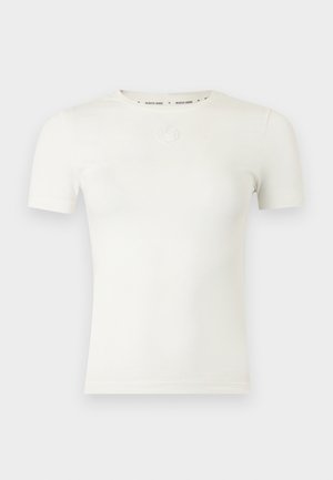 White short-sleeve fitted t-shirt with crew neck and small embossed circular logo on the chest, plain background.