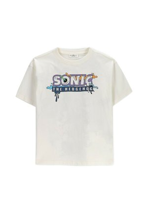 Biała koszulka z krótkim rękawem z kolorowym napisem „SONIC THE HEDGEHOG” i wzorem kapiącej farby na piersi.